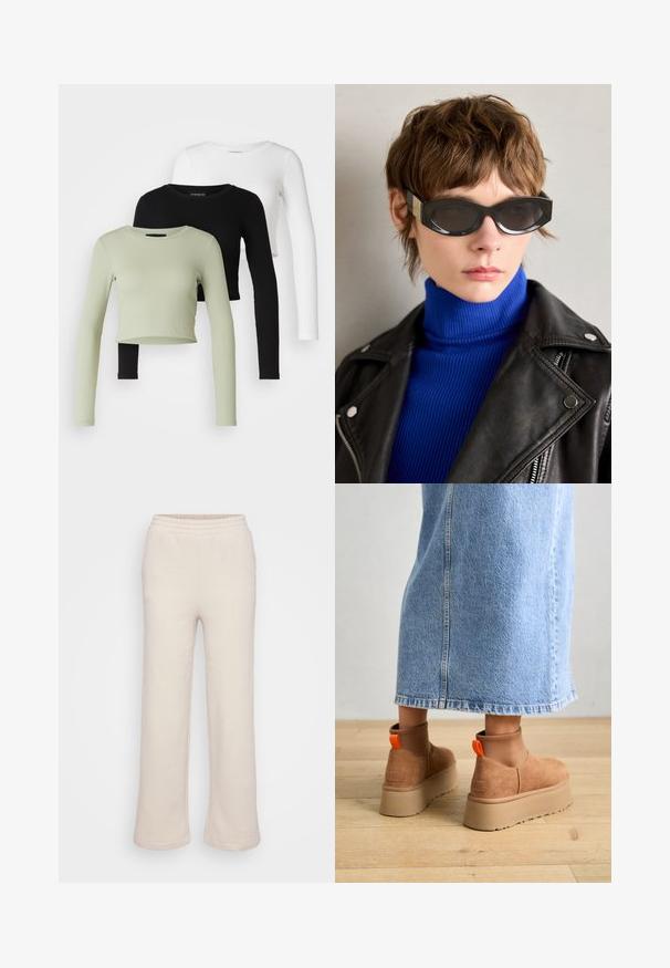 Even&Odd Petite 3 PACK - Top s dlhým rukávom - black/white/light green; Béžové tepláky s širokým strihom, vyrobené z jemného materiálu. Obsahujú elastický pás a detaily na bočných švoch. Hladká textúra.; Hnedé zamskové platformové čižmy s elastickými bočnými panelmi a oranžovými ťahákmi, v kombinácii s sukňou z ľahkého denimu po kolená, na drevenej podlahe.; Čierne slnečné okuliare s zaoblenými hranami a tónovanými šošovkami. Majú zlaté akcenty na rámčekoch. Nosené s modrým rebrovaným rolákom a koženou bundou.