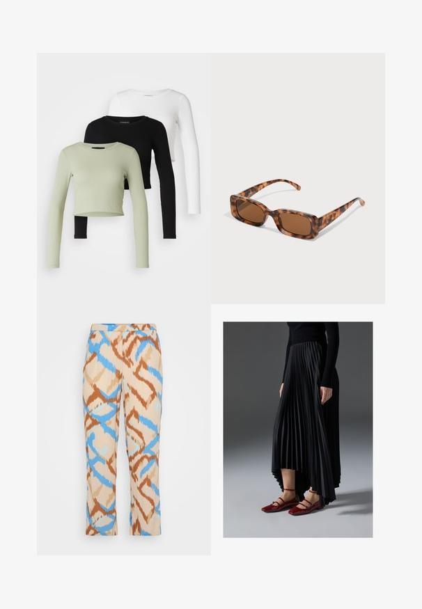 Even&Odd Petite 3 PACK - Top dugih rukava - black/white/light green; Bež hlače s uzorkom, sa apstraktnim dizajnom u plavoj i smeđoj boji. Izrađene od laganog materijala s ravnim krojem.; Crna plisirana suknja s visokim i niskim rubom, uparena s sjajnim crvenim balerinkama s dizajnom trakice. Tkanina ima glatku teksturu.; Naočale u obliku tortoiseshella s pravokutnim smeškim lećama, debelim okvirom i tankim nogicama koje imaju uzorak od različitih nijansi smeđe boje.; Zlatne kružne naušnice s glatkom, sjajnom završnom obradom. Kružni dizajn s malom potporom i prozirnom podlogom za sigurno nošenje.
