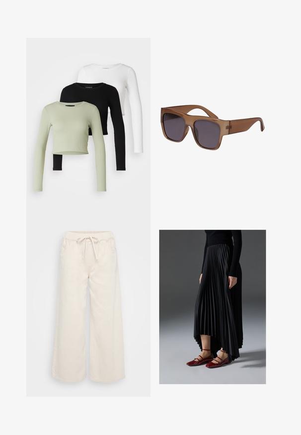 Even&Odd Petite 3 PACK - Hosszú ujjú felső - black/white/light green; Széles lábú, krémszínű pamut nadrág, rugalmas derékrésszel, zsinórral és oldalsó zsebekkel. Sima textúra, laza kialakítás.; Fekete redős szoknya, magas- és alacsony szegéllyel, fényes piros lapos cipőkkel párosítva, amelyek pántos dizájnnal rendelkeznek. Az anyaga sima tapintású.; Barna, félátlátszó napszemüveg négyzet alakú kerettel és sötét lencsékkel. A szárak karcsúak és enyhén íveltek a modern megjelenés érdekében.