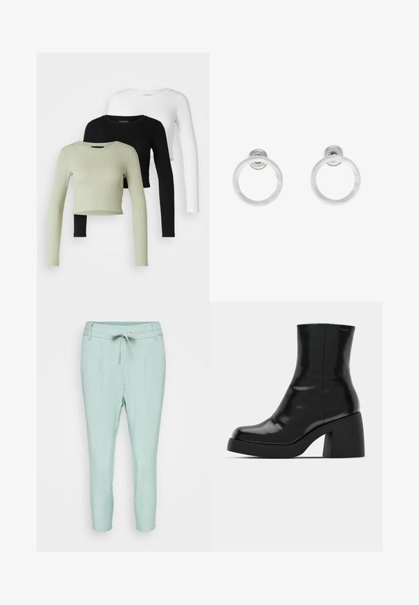 Even&Odd Petite 3 PACK - Pikkade varrukatega topp - black/white/light green; Heledad mündroheline püksid elastse vöökoha, nööriga kinnituse ja kahe esi-taskuga. Sile kangas, kitseneva sääre disainiga.; Mustad mustad, läikiva viimistlusega, ruudukujulise varbaga ja paksu plokktallaga. Kujundus sisaldab sujuvat siluetti ja minimaalset brändimist.; Hõbedased metallist rõngastooted, millel on harjatud tekstuur, ümmargune disain ja selge tagumine post, tagamaks kindlat kandmist.