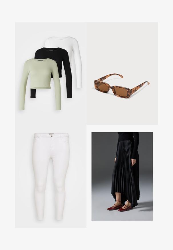 Even&Odd Petite 3 PACK - Tops ar garām piedurknēm - black/white/light green; Baltas šauras džinsus, izgatavotus no gludas tekstūras denima. Piedāvā standarta piecu kabatu dizainu un metāla pogu aizdari.; Melna plisēta kleita ar augstu priekšpusi un zemāku aizmuguri, saskaņota ar spīdīgām sarkānām dzīvokļa kurpēm ar siksnu dizainu. Audumam ir gluda tekstūra.; Tortoiseshell saulesbrilles ar taisnstūrveida brūniem stikliem, biezs rāmis un plānas kājas ar dažādu brūnu toņu rakstu.