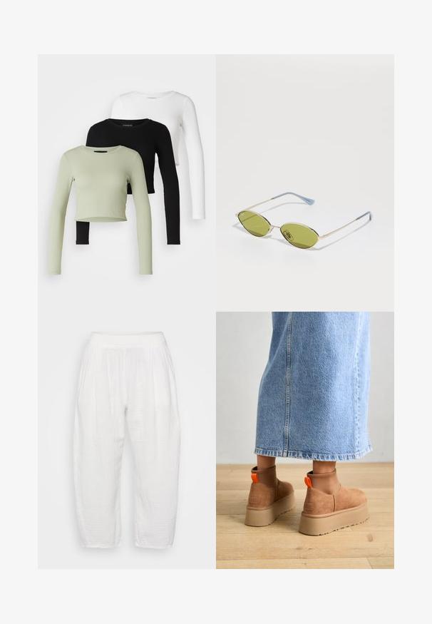 Even&Odd Petite 3 PACK - Tops ar garām piedurknēm - black/white/light green; Baltas, viegls bikses ar elastīgu jostasvietu. Tekstūrēts, elpojošs audums ar brīvu piegriezumu un īsu garumu. Nav redzamu rakstu.; Brūni zamšādas platforma zābaki ar elastīgiem sānu paneļiem un oranžām cilpām, apvienoti ar līdz ceļgaliem garu gaišā denima svārku uz koka grīdas.; Olīvu zaļi saulesbrilles ar plānu zelta rāmi un zila akcenta kājām. Ovali lēcas un minimālisma dizains.