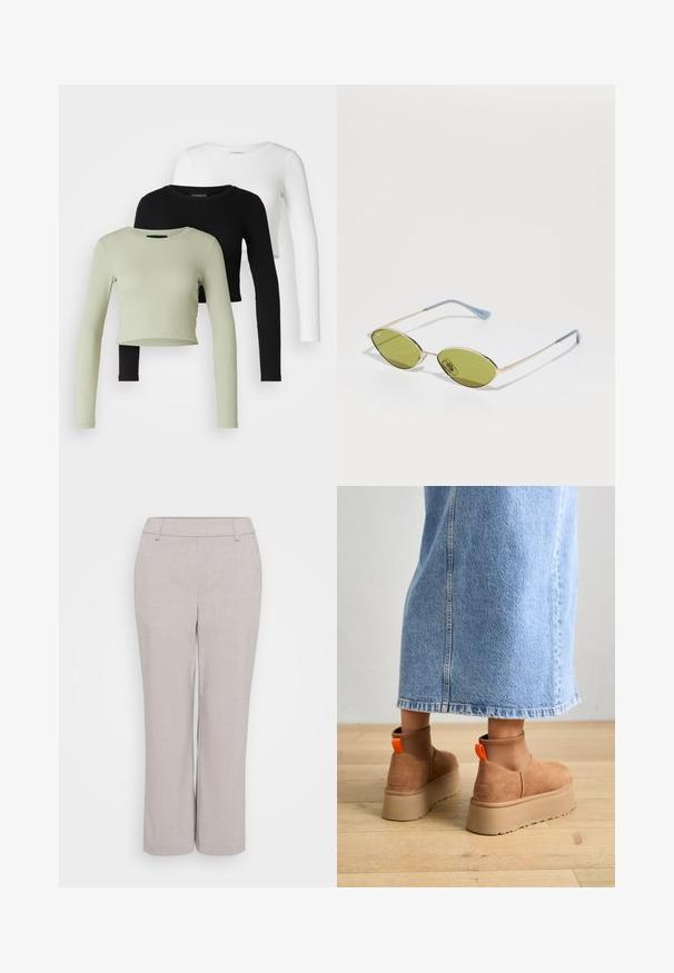 Even&Odd Petite 3 PACK - Hosszú ujjú felső - black/white/light green; Világosszürke, bő szárú nadrág, olyan textúrált anyagból készült. Közepes magas derekú szabása és elülső zsebei praktikumot biztosítanak.; Barna velúr platform csizmák elasztikus oldalsó panelekkel és narancssárga húzófülekkel, amelyek egy térdközépig érő világoskék farmer szoknyával vannak párosítva egy fás padlón.; Olívazöld napszemüveg vékony arany kerettel és kék díszítésű szárakkal. Ovális lencsék és minimalista dizájn.