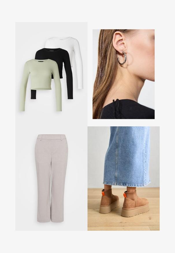 Even&Odd Petite 3 PACK - Long sleeved top - black/white/light green; Light gray, wide-leg trousers made from a textured fabric. Features a mid-rise waistband and front pockets for functionality.; Brown suede platform boots with elastic side panels and orange pull tabs, paired with a knee-length light denim skirt on a wooden floor.; Silver hoop earring with a polished finish, featuring small gold accent details and a round shape, worn on the lobe.