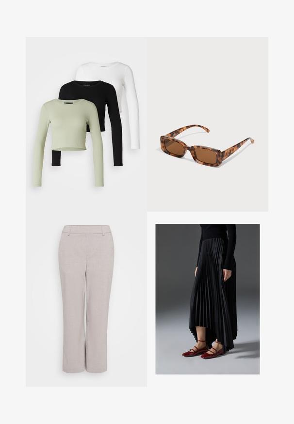 Even&Odd Petite 3 PACK - Majica z dolgimi rokavi - black/white/light green; Svijetlosive široke hlače izrađene od teksturirane tkanine. Imaju srednji struk i prednje džepove za funkcionalnost.; Črna nabrana krila z višjim sprednjim in nižjim zadnjim delom, kombinirana z sijočimi rdečimi balerinkami s trakastim dizajnom. Tkanina ima gladko teksturo.; Želve sunčane naočale s pravokutnim smešnim lećama, debelim okvirom i tankim ručkama s uzorkom različitih nijansi smeđe boje.