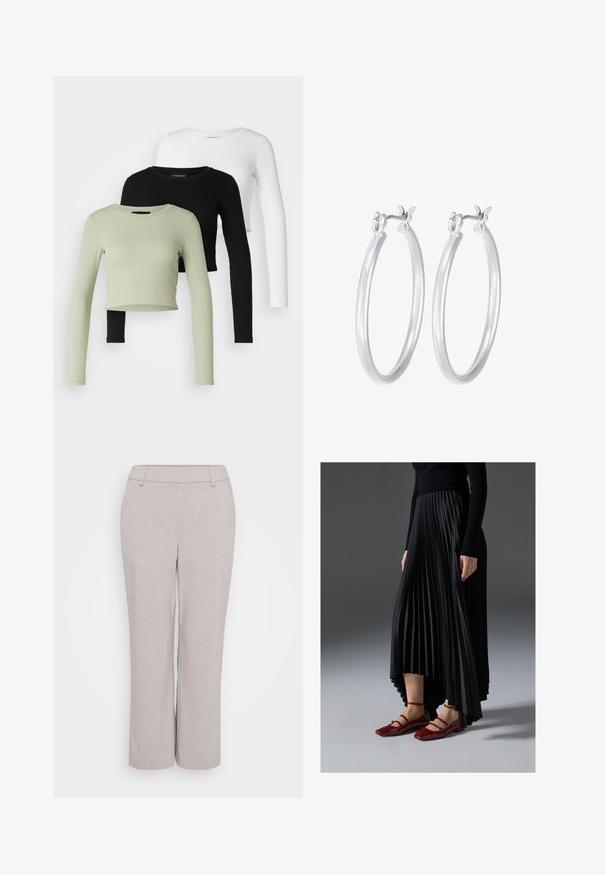 Even&Odd Petite 3 PACK - Ilgarankovis viršutinės dalies drabužis - black/white/light green; Šviesiai pilkos, plačios kelnės, pagamintos iš tekstūruoto audinio. Turi vidutinio aukščio juosmenį ir priekinėmis kišenėmis, užtikrinančiomis funkcionalumą.; Juoda plisuota sijonas su aukštesniu priekiniu kraštu, derinamas su blizgiomis raudonomis plokščiomis bateliais, turinčiais dirželio dizainą. Medžiaga yra glotni.; Sidabriniai auskarai su sklandžiu, poliruotu paviršiumi. Apvalios formos ir saugus uždarymo mechanizmas. Lengvas dizainas, tinkantis kasdieniam dėvėjimui.