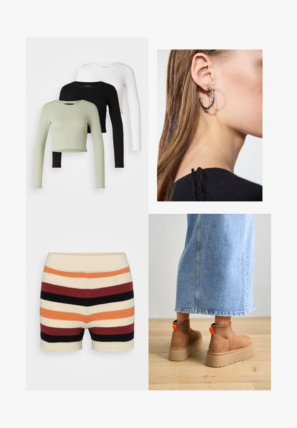 Even&Odd Petite 3 PACK - T-shirt à manches longues - black/white/light green; Shorts en tricot avec des rayures horizontales en crème, orange, rouge, noir et bordeaux, avec une texture douce et une taille ajustée.; Bottes en suède brun à plateforme avec des panneaux latéraux élastiques et des languettes orange, associées à une jupe en denim clair arrivant au genou sur un sol en bois.; Boucle d'oreille en argent avec une finition polie, présentant de petits détails en or et de forme ronde, portée sur le lobe.
