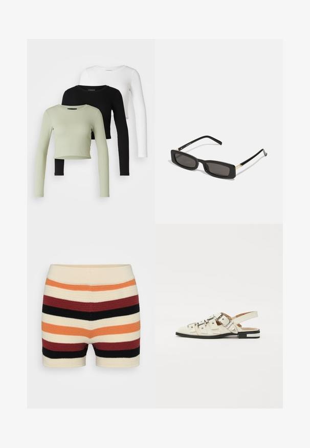 Even&Odd Petite 3 PACK - T-shirt à manches longues - black/white/light green; Shorts en tricot avec des rayures horizontales en crème, orange, rouge, noir et bordeaux, avec une texture douce et une taille ajustée.; Sandales à talon ouvert en cuir blanc avec plusieurs larges brides et boucles en argent ; semelle plate avec un petit talon noir et des accents métalliques.; Lunettes de soleil noires rectangulaires avec des verres sombres, monture en plastique brillant et accents dorés sur les branches. Design minimaliste et forme épurée.; Porte-monnaie tissé jaune avec un design à rabat, une sangle de poignet amovible et un accent en chaîne dorée. Texture lisse et forme rectangulaire.; Boucles d'oreilles en or avec une finition lisse et brillante. Design circulaire présentant un petit clou et une attache transparente pour un port sécurisé.