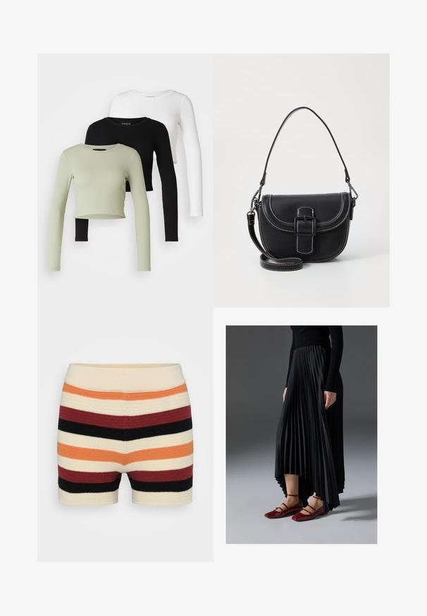 Even&Odd Petite 3 PACK - Longsleeve - black/white/light green; Gebreide shorts met horizontale strepen in crème, oranje, rood, zwart en bordeaux, met een zachte textuur en een aansluitende tailleband.; Zwarte geplooide rok met een high-low zoom, gecombineerd met glanzende rode ballerina's met een bandontwerp. De stof heeft een soepele textuur.; Zwarte leren schoudertas met een gebogen ontwerp, opvallende sluiting met gesp en witte stiksels. Inclusief verstelbare schouderband.; Zilveren metalen ringoorbellen met een geborstelde textuur, met een ronde vorm en een transparante bevestiging voor een veilige draagwijze.