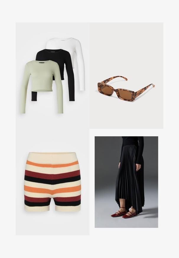 Even&Odd Petite 3 PACK - Ilgarankovis viršutinės dalies drabužis - black/white/light green; Mezgti šortai su horizontaliomis juostelėmis kremine, oranžine, raudona, juoda ir bordo spalvomis, minkšta tekstūra ir prigludusia juosta.; Juoda plisuota sijonas su aukštesniu priekiniu kraštu, derinamas su blizgiomis raudonomis plokščiomis bateliais, turinčiais dirželio dizainą. Medžiaga yra glotni.; Vėžlio kiauto saulės akiniai su stačiakampiais rudi objektyvais, storu rėmu ir siaurais rankenėlėmis, dekoruotomis skirtingų atspalvių ruda spalva.