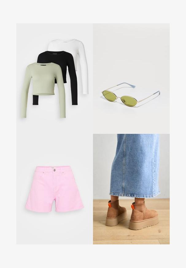 Even&Odd Petite 3 PACK - Pitkähihainen paita - black/white/light green; Vaaleanpunaiset raidalliset shortsit, jotka on valmistettu kevyestä kankaasta. Niissä on nappikiinnitys, kaksi etutaskua ja rento istuvuus mukavuutta varten.; Ruske mokasine z platformo in elastiko na straneh ter oranžnimi zategovalnimi trakovi, v kombinaciji z osnovno dolžino svetle denim krila na lesenem podu.; Aurinkolasit oliivinvihreällä värillä, ohuella kultakehyksellä ja sinisillä yksityiskohdilla varustetuilla penseillä. Soikeat linssit ja minimalistischinen muotoilu.; Hopeita rengas korvakoru, jossa on solmumuotoilu, sileä pinta ja kiillotettu rakenne. Tiivis, minimalistinen tyyli, joka sopii eri tilaisuuksiin.
