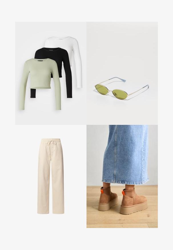 Even&Odd Petite 3 PACK - Ilgarankovis viršutinės dalies drabužis - black/white/light green; Šviesiai rudos medvilnės kelnės su elastingu juosmeniu ir raišteliu. Plati kelnėms skirta konstrukcija, lygi tekstūra ir be matomų raštų ar akcentų.; Rudos zomšiniai platforminiai batai su elastingomis šoniniais panirais ir oranžinėmis kilpomis, derinami su kelio ilgio šviesių džinsų sijonu ant medinių grindų.; Alyvos spalvos saulės akiniai su plonu auksiniu rėmu ir mėlynais akcentuotais šonais. Ovalūs objektyvai ir minimalistiškas dizainas.
