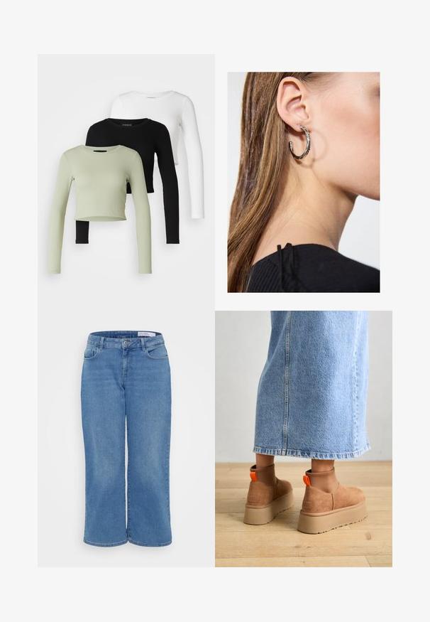 Even&Odd Petite 3 PACK - Top s dlouhým rukávem - black/white/light green; Svetle modré široké džíny s vysokým pasem, pěti kapsami a jemnou texturou látky. Mají poutka na pásek a kovové zapínání na knoflík.; Hnědé semišové platformové boty s elastickými bočními panely a oranžovými poutky, spárované s sukní z jasného denimu ke kolenům na dřevěné podlaze.; Stříbrný kruhový náušník s lesklým povrchem, zdobený malými zlatými akcenty, v kulatém tvaru, nošený na lalůčku.