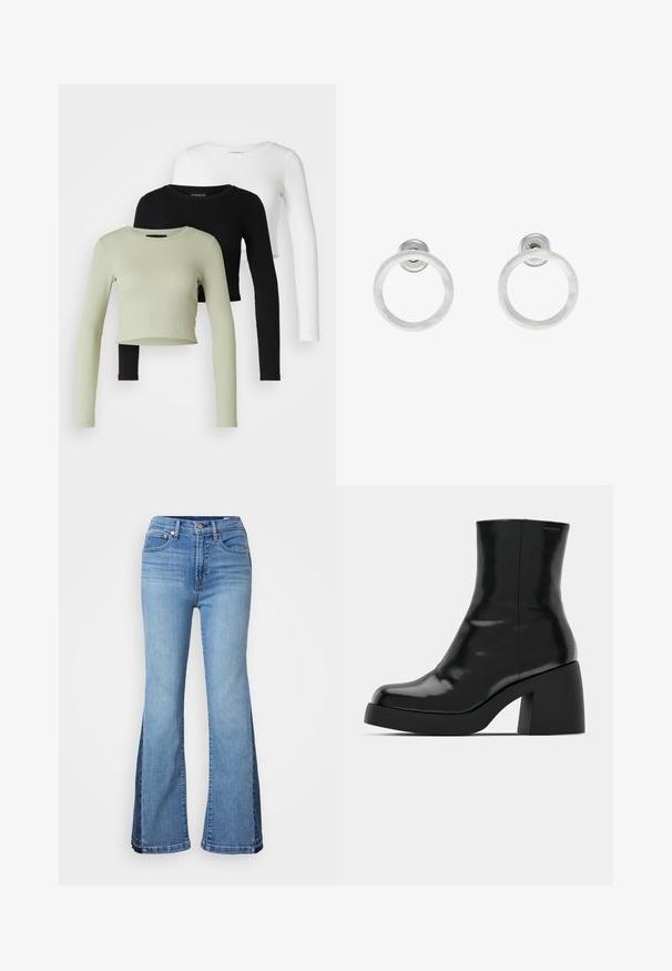 Even&Odd Petite 3 PACK - Camiseta de manga larga - black/white/light green; Jeans de mezclilla de corte acampanado en azul claro. Cuenta con una cintura alta, un desvanecimiento sutil y paneles laterales en azul oscuro. Tiene cinco bolsillos y cierre de botón.; Botas de tobillo negras con un acabado brillante, punta cuadrada y un tacón grueso en bloque. El diseño presenta una silueta sin costuras y un minimalismo en la marca.; Pendientes de aro de metal plateado con una textura cepillada, que presentan un diseño circular y un respaldo transparente para un uso seguro.