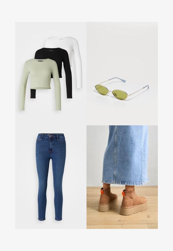 Even&Odd Petite 3 PACK - Topper langermet - black/white/light green; Smaljeans laget av denim, i en dyp blå farge med subtile slitasjer. Har glidelås, frontlommer og rene sømmer.; Brune semska plattformstøvler med elastiske sidepaneler og orange rekkehalser, parret med en knelange lys denimskjørt på et tregulv.; Olivengrønne solbriller med en tynd guldramme og blå accenter på stængerne. Ovale linser og minimalistisk design.