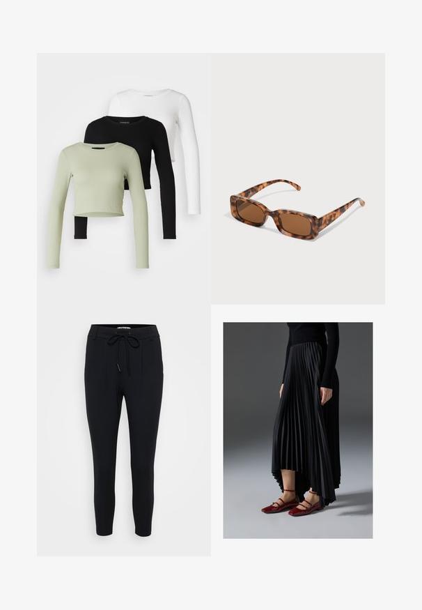 Even&Odd Petite 3 PACK - Top dugih rukava - black/white/light green; Crne tapered hlače od rastezljivog materijala, s pojasom na vezanje, dva prednja nabora i glatku teksturu.; Crna plisirana suknja s visokim i niskim rubom, uparena s sjajnim crvenim balerinkama s dizajnom trakice. Tkanina ima glatku teksturu.; Naočale u obliku tortoiseshella s pravokutnim smeškim lećama, debelim okvirom i tankim nogicama koje imaju uzorak od različitih nijansi smeđe boje.
