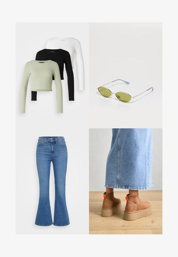 Even&Odd Petite 3 PACK - Topper langermet - black/white/light green; Lyseblå, flagrende jeans med høy midje, laget av denim. Funksjoner inkluderer to frontlommer og knappelukking i midjen.; Brune semska plattformstøvler med elastiske sidepaneler og orange rekkehalser, parret med en knelange lys denimskjørt på et tregulv.; Olivengrønne solbriller med en tynd guldramme og blå accenter på stængerne. Ovale linser og minimalistisk design.