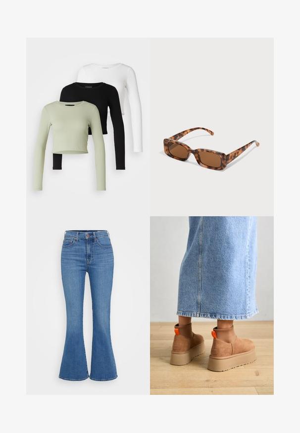 Even&Odd Petite 3 PACK - Bluză cu mânecă lungă - black/white/light green; Jeans evazați de culoare albastru deschis cu talie înaltă, confecționați din denim. Caracteristicile includ două buzunare frontale și un sistem de închidere cu nasture la talie.; Botine maro din suede cu platformă, cu panouri elastice pe laterale și mânere portocalii, asortate cu o fustă din denim deschis până la genunchi, pe un podea din lemn.; Ochelari de soare cu rama țestoasă, cu lentile rectangulare maro, o ramă groasă și brațe subțiri, prezentând un model cu nuanțe variate de maro.