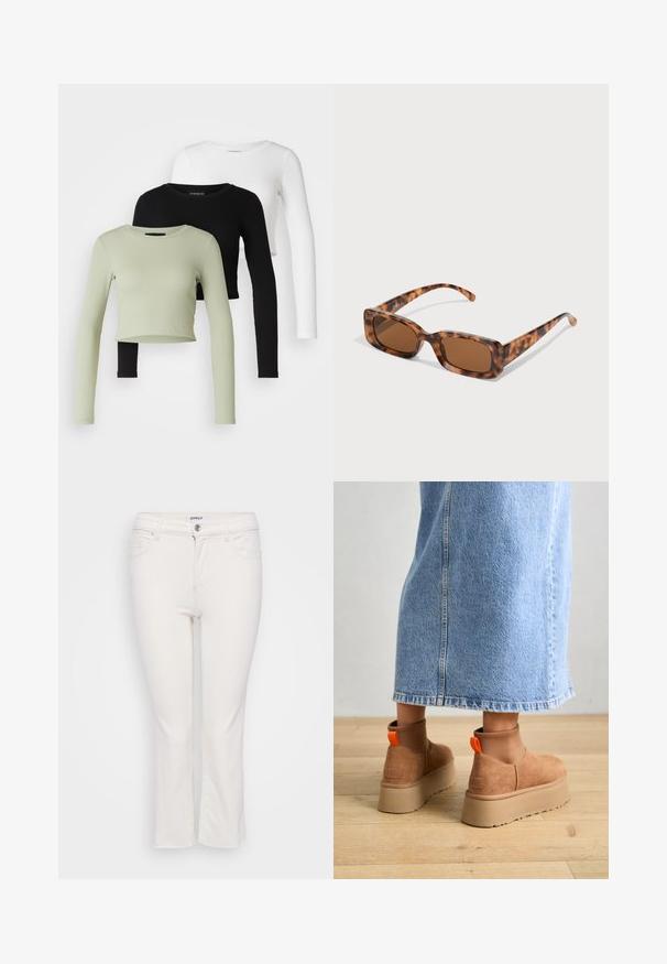 Even&Odd Petite 3 PACK - Hosszú ujjú felső - black/white/light green; Fehér pamut farmernadrág, egyenes szárú kialakítással, cipzáras fly-nal, öt zsebbel és gombos záródással a derékrésznél.; Barna velúr platform csizmák elasztikus oldalsó panelekkel és narancssárga húzófülekkel, amelyek egy térdközépig érő világoskék farmer szoknyával vannak párosítva egy fás padlón.; Tarka mintás napszemüveg, téglalap alakú barna lencsékkel, vastag kerettel és vékony, különböző árnyalatú barna mintázattal ellátott szárakkal.