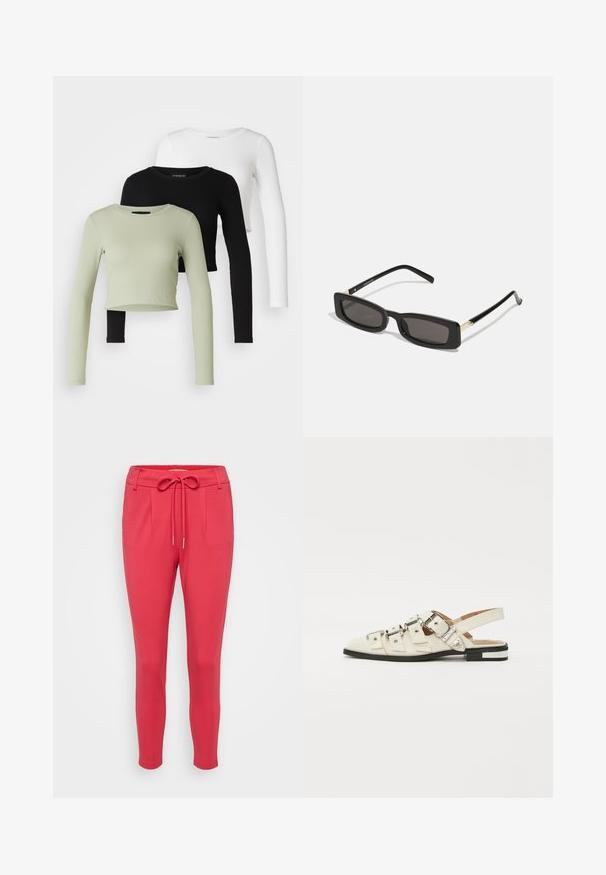 Even&Odd Petite 3 PACK - Bluză cu mânecă lungă - black/white/light green; ONLY Petite ONLPOPTRASH LIFE EASY - Pantaloni - viva magenta; Sandale slingback din piele albă cu multiple curele late și catarame argintii; talpă plată cu un mic toc negru și accente metalice.; Ochelari de soare rectangulari negri cu lentile întunecate, rame din plastic lucios și accente aurii pe tample. Design minimalist și formă elegantă.; Cercei cercuri din aur cu un finisaj neted și strălucitor. Design circular cu un mic suport și un spate transparent pentru o purtare sigură.