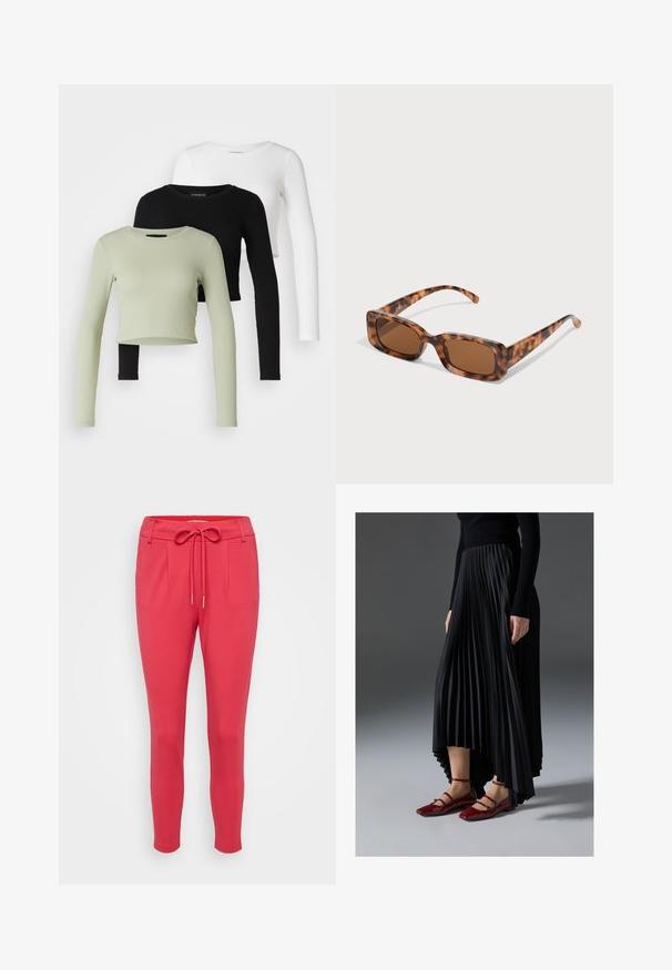 Even&Odd Petite 3 PACK - Majica z dolgimi rokavi - black/white/light green; ONLY Petite ONLPOPTRASH LIFE EASY - Hlače - viva magenta; Črna nabrana krila z višjim sprednjim in nižjim zadnjim delom, kombinirana z sijočimi rdečimi balerinkami s trakastim dizajnom. Tkanina ima gladko teksturo.; Želve sunčane naočale s pravokutnim smešnim lećama, debelim okvirom i tankim ručkama s uzorkom različitih nijansi smeđe boje.