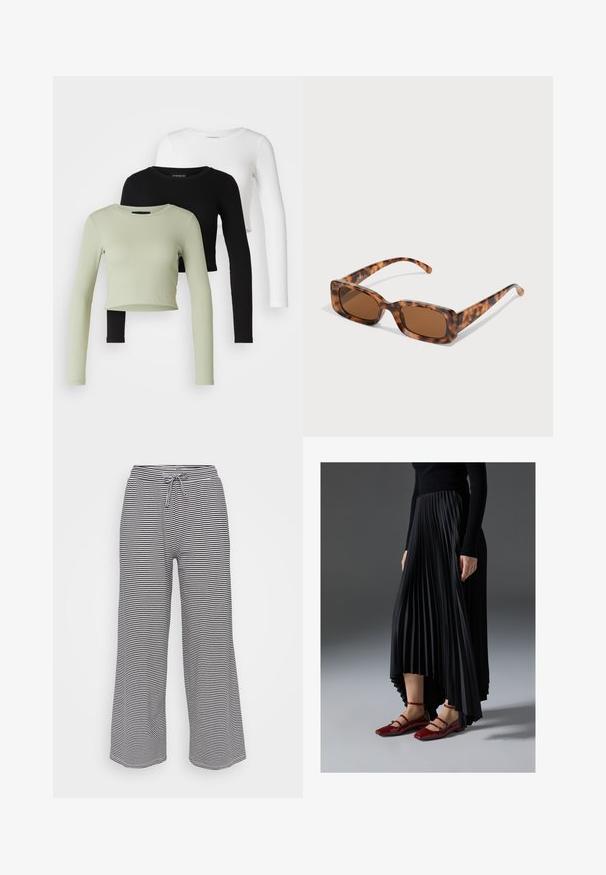 Even&Odd Petite 3 PACK - Maglietta a manica lunga - black/white/light green; Pantaloni a gamba larga realizzati in tessuto morbido con strisce orizzontali bianche e nere, dotati di vita elastica e cordino per una vestibilità regolabile.; Gonna nera plissettata con orlo asimmetrico, abbinata a ballerine rosse lucide con design a strap. Il tessuto ha una texture liscia.; Occhiali da sole tartarugati con lenti rettangolari marroni, una montatura spessa e stanghette sottili con un motivo di diverse tonalità di marrone.