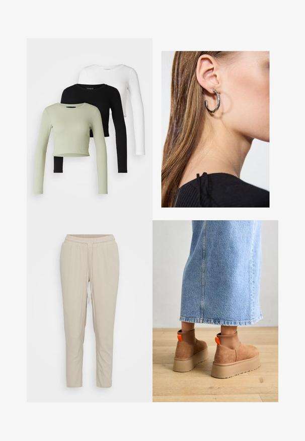 Even&Odd Petite 3 PACK - Long sleeved top - black/white/light green; Vero Moda Petite VMJESMILO ANKLE PANTS - Trousers - silver lining; Brown suede platform boots with elastic side panels and orange pull tabs, paired with a knee-length light denim skirt on a wooden floor.; Silver hoop earring with a polished finish, featuring small gold accent details and a round shape, worn on the lobe.