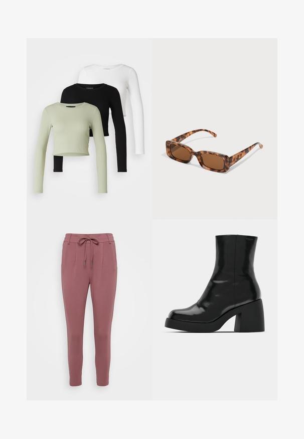 Even&Odd Petite 3 PACK - Majica z dolgimi rokavi - black/white/light green; Roza hlače z vrvico v pasu, zoženi nogi in sprednjimi pregibi. Narejene so iz mehkega, raztegljivega materiala.; Črne gležnjarje z sijajno površino, kvadratnim nosom in debelim blokskim peto. Oblikovanje izstopa s brezšivno silhueto in minimalnim logotipiranjem.; Želve sunčane naočale s pravokutnim smešnim lećama, debelim okvirom i tankim ručkama s uzorkom različitih nijansi smeđe boje.; Srebrne obročaste uhane z gladko, polirano površino. Dva para z rahlo različnimi velikostmi. Preprost, krožen oblikovanje, lahki.