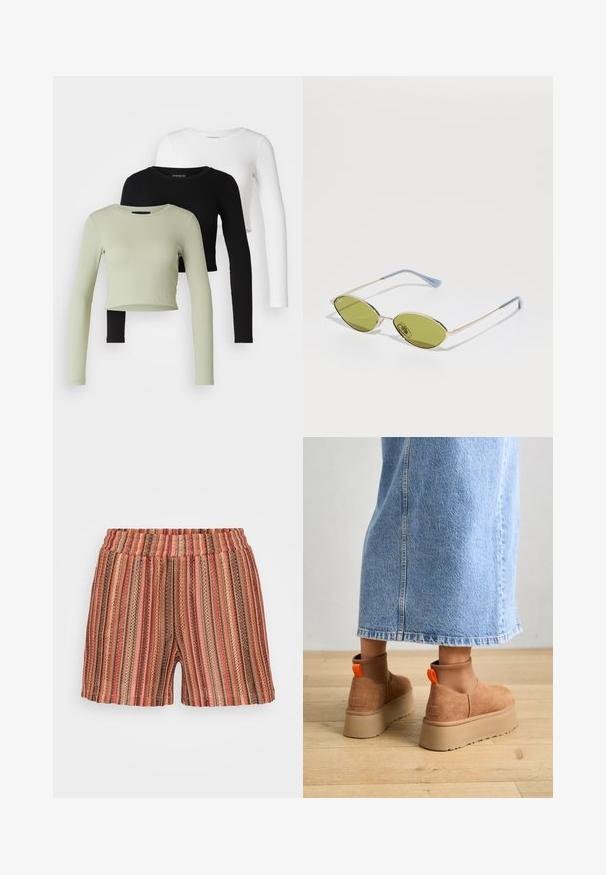 Even&Odd Petite 3 PACK - Ilgarankovis viršutinės dalies drabužis - black/white/light green; Dryžuoti šortai su elastine juosta, su vertikaliomis linijomis raudonos, rudos ir žalios spalvų. Pagaminti iš lengvos, tekstūruotos medžiagos.; Rudos zomšiniai platforminiai batai su elastingomis šoniniais panirais ir oranžinėmis kilpomis, derinami su kelio ilgio šviesių džinsų sijonu ant medinių grindų.; Alyvos spalvos saulės akiniai su plonu auksiniu rėmu ir mėlynais akcentuotais šonais. Ovalūs objektyvai ir minimalistiškas dizainas.