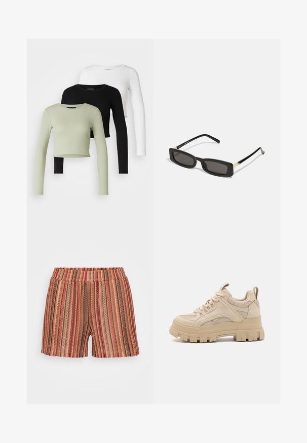 Even&Odd Petite 3 PACK - Langærmet T-shirt - black/white/light green; Stribede shorts med elastisk talje, med lodrette linjer i rød, brun og grøn. Fremstillet af letvægts, struktureret stof.; Beige chunky sneakers med en blanding af mesh og ruskind, med en tyk sål og fremtrædende slidbane, snørebåndsdesign og brandingdetalje.; Sorte rektangulære solbriller med mørke linser, glansfulde plastikstel og guld accenter på stængerne. Minimalistisk design og slank form.; Sølv hoop øreringe med en bue-design og en glat finish samt en poleret tekstur. Kompakt, minimalistisk stil der passer til forskellige lejligheder.