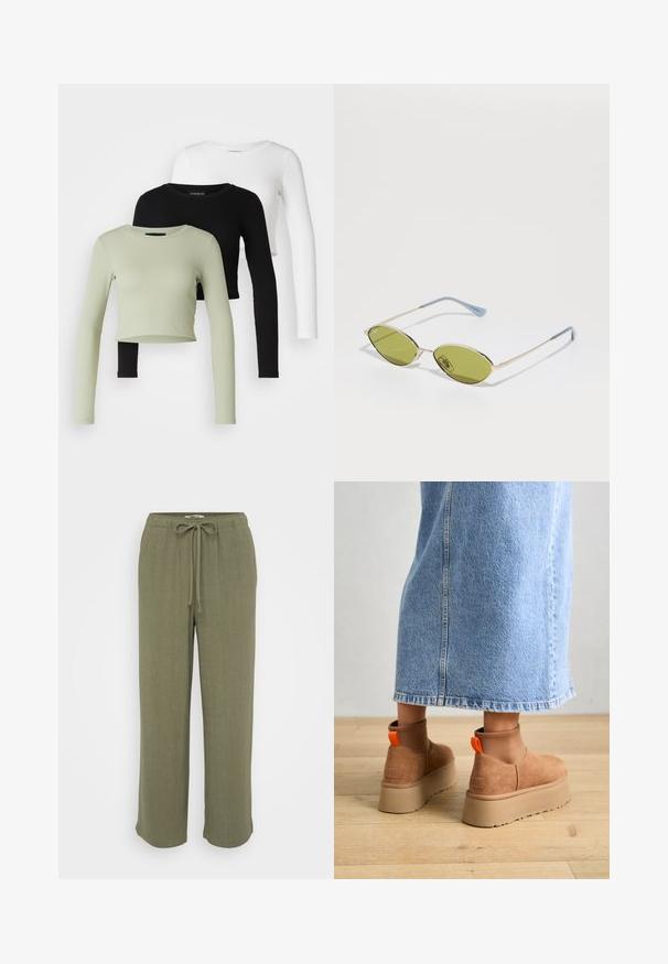 Even&Odd Petite 3 PACK - Tops ar garām piedurknēm - black/white/light green; ONLY Petite ONLSIESTA PULL UP - Auduma bikses - deep lichen green; Brūni zamšādas platforma zābaki ar elastīgiem sānu paneļiem un oranžām cilpām, apvienoti ar līdz ceļgaliem garu gaišā denima svārku uz koka grīdas.; Olīvu zaļi saulesbrilles ar plānu zelta rāmi un zila akcenta kājām. Ovali lēcas un minimālisma dizains.