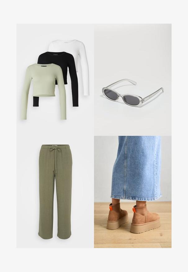 Even&Odd Petite 3 PACK - Ilgarankovis viršutinės dalies drabužis - black/white/light green; ONLY Petite ONLSIESTA PULL UP - Kelnės - deep lichen green; Rudos zomšiniai platforminiai batai su elastingomis šoniniais panirais ir oranžinėmis kilpomis, derinami su kelio ilgio šviesių džinsų sijonu ant medinių grindų.; Akiniai nuo saulės ovalo formos, su skaidriu plastiko rėmu, tamsiai pilkais objektyvais ir plonomis skaidriomis šakėmis, dekoruotais logotipų akcentais ir minimaliais detalėmis.
