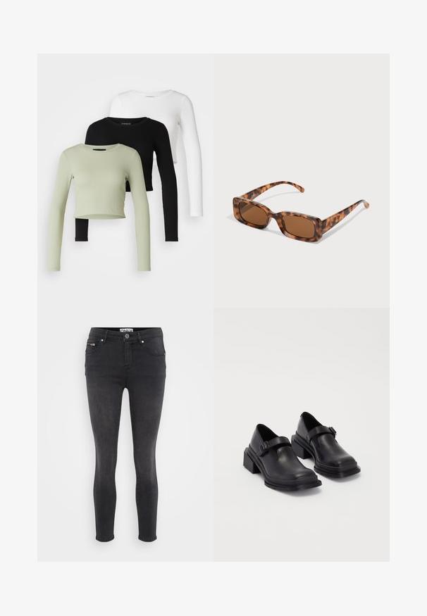 Even&Odd Petite 3 PACK - Ilgarankovis viršutinės dalies drabužis - black/white/light green; Juodos liesos džinsinės kelnės. Su priekiniais sagčių užsegimais ir užtrauktuku kišenėje ties juosmeniu. Lygi tekstūra su minimaliais nudilimo ženklais.; Juodos odinės bateliai su apvaliu priekiu, plokščiu padu ir dirželiu su sagtimi. Didelis blokinis kulnas, užtikrinantis papildomą stabilumą.; Vėžlio kiauto saulės akiniai su stačiakampiais rudi objektyvais, storu rėmu ir siaurais rankenėlėmis, dekoruotomis skirtingų atspalvių ruda spalva.; Sidabriniai metaliniai auskarai žiedų pavidalu su šveitimo tekstūra, turintys apvalų dizainą ir skaidrų laikiklį saugiam dėvėjimui.