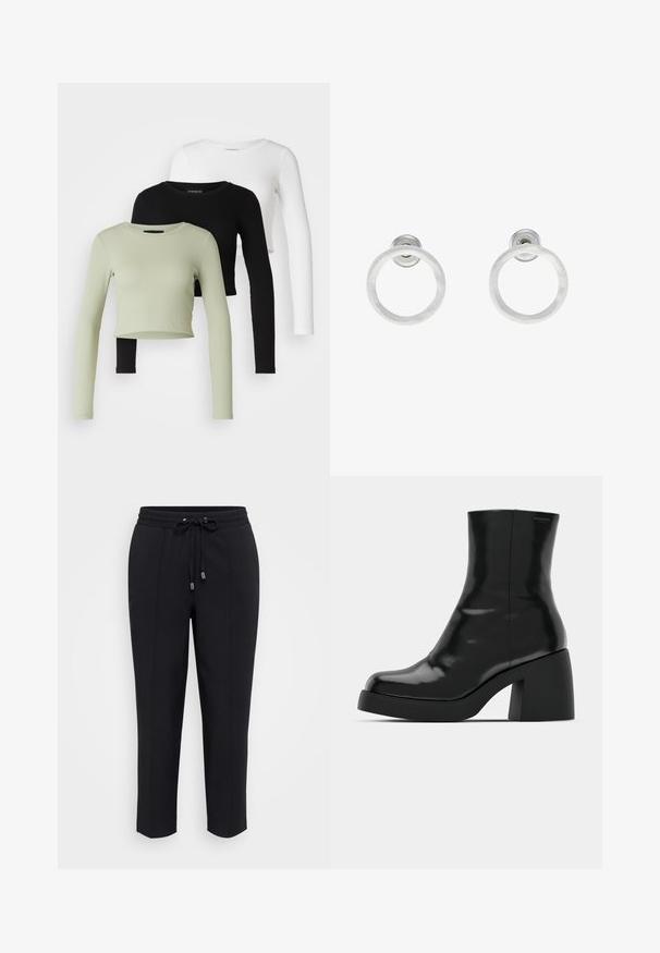 Even&Odd Petite 3 PACK - Majica z dolgimi rokavi - black/white/light green; Črne trenirke z elastičnim pasom in vrvico, s prilegačim krojem ter dvema stranskima šivoma. Mehka, gladka tkanina brez vidnih vzorcev ali okrasnih elementov.; Črne gležnjarje z sijajno površino, kvadratnim nosom in debelim blokskim peto. Oblikovanje izstopa s brezšivno silhueto in minimalnim logotipiranjem.; Srebrni kovinski obročasti uhani z brušenjem, s krožno obliko in prozornim zatičem za varno nošenje.