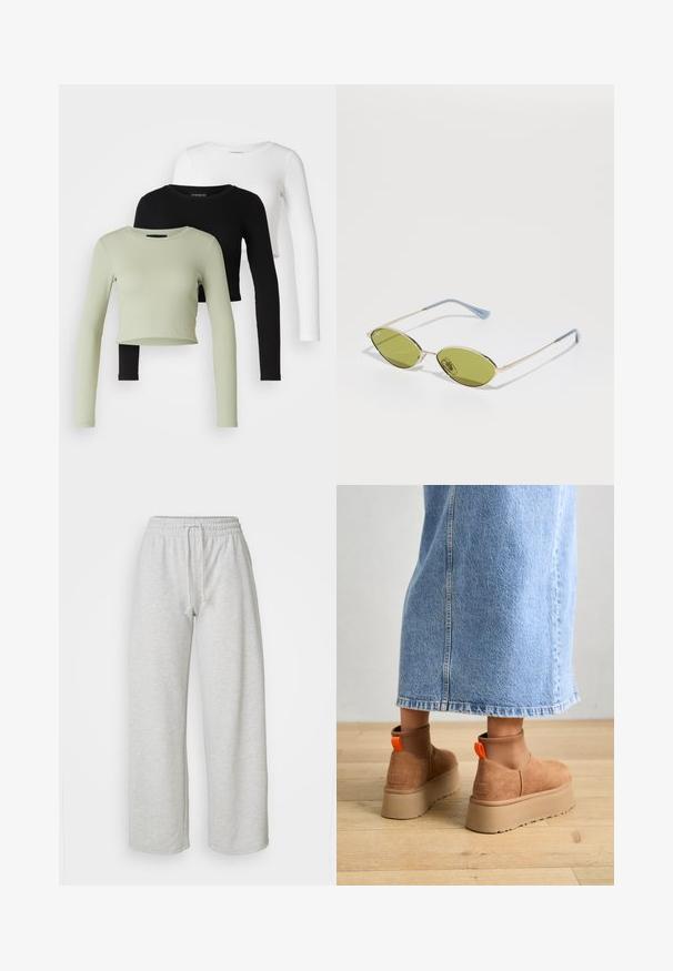 Even&Odd Petite 3 PACK - Long sleeved top - black/white/light green; Even&Odd Petite Tracksuit bottoms - mottled light grey; Brown suede platform boots with elastic side panels and orange pull tabs, paired with a knee-length light denim skirt on a wooden floor.; Olive green sunglasses with a thin gold frame and blue-accented arms. Oval lenses and minimalistic design.