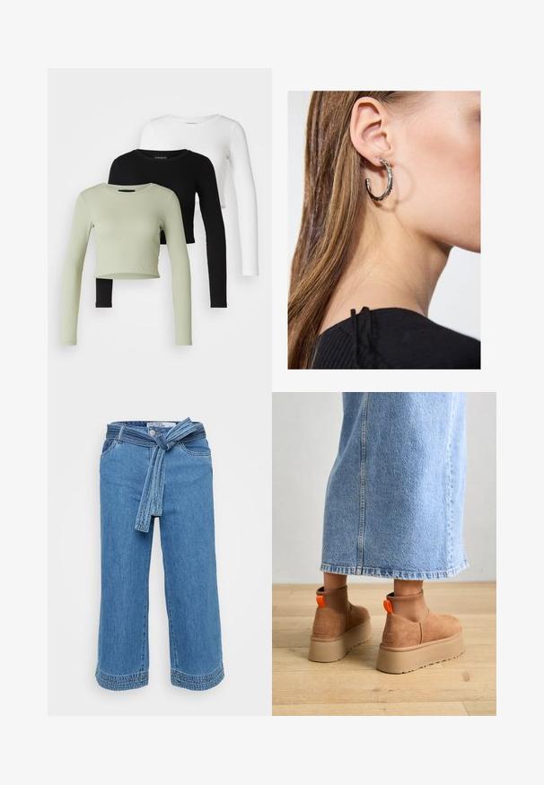 Even&Odd Petite 3 PACK - Tops ar garām piedurknēm - black/white/light green; Gai zila džinsu kulotu bikses ar savilkta jostu, platām kājām un izsistām malām. Ar kabatām un nedaudz izbalējušu struktūru.; Brūni zamšādas platforma zābaki ar elastīgiem sānu paneļiem un oranžām cilpām, apvienoti ar līdz ceļgaliem garu gaišā denima svārku uz koka grīdas.; Sudraba auskars ar pulētu apdari, ar maziem zelta akcentiem un apaļu formu, uz ausu ļipiņas.