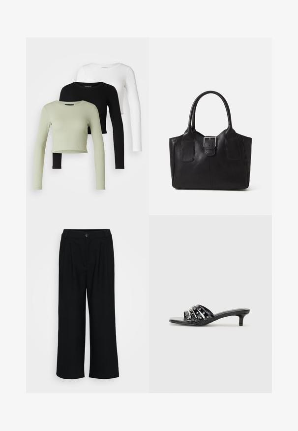 Even&Odd Petite 3 PACK - Pikkade varrukatega topp - black/white/light green; Mustad laiad püksid, mis on valmistatud siledast kangast, esifalte, nööpide sulgemisega vöökoht ja voogav siluett.; Mustad musta värvi kontsaga sandaalid, millel on mitmed läikivad rihmad ja metallist aksessuaarid, samuti terav nina ja tagasihoidlikud kitin-kontsad. Sile tekstuur.; Mustgamma nahast kott, millel on sile tekstuur, struktureeritud kuju, kaks käepidet ja esiküljel silmapaistev hõbedane pandla detail.