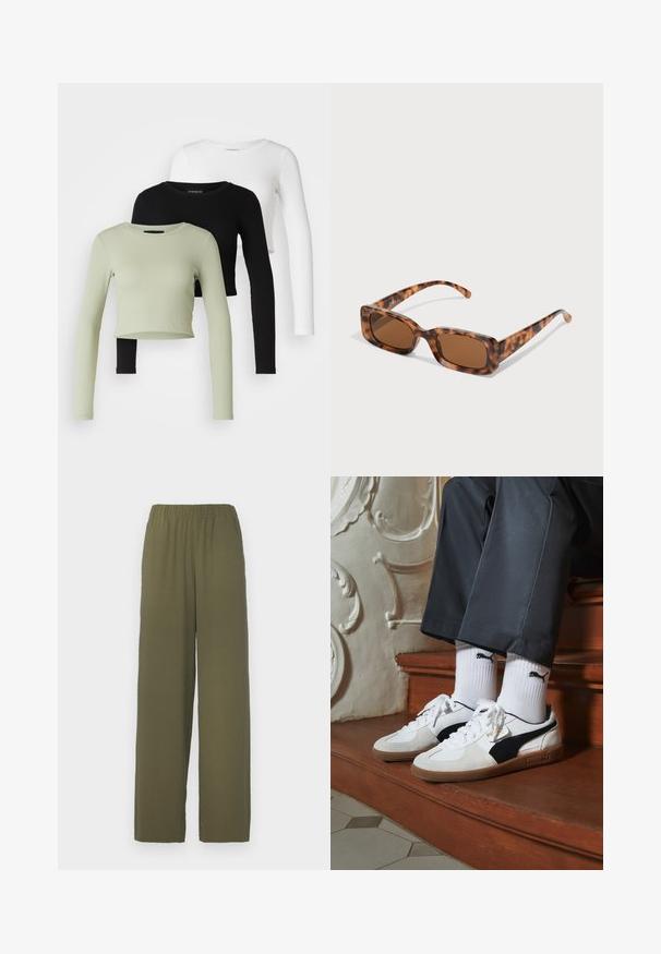 Even&Odd Petite 3 PACK - T-shirt à manches longues - black/white/light green; Pantalons à jambes larges en vert olive, avec une taille élastique, fabriqués dans un tissu lisse au tombé fluide et sans accessoires visibles.; Baskets Puma en daim blanc et noir, avec une semelle en caoutchouc marron. Associées à des chaussettes blanches arborant un logo noir, portées avec un pantalon sombre.; Lunettes de soleil en écaille de tortue avec des verres rectangulaires marron, une monture épaisse et des branches fines présentant un motif de nuances variées de marron.; Boucles d'oreilles créoles en argent, avec une finition lisse et polie. Deux paires de tailles légèrement différentes. Design simple et circulaire, léger.