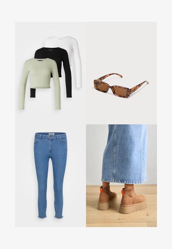 Even&Odd Petite 3 PACK - Ilgarankovis viršutinės dalies drabužis - black/white/light green; Mėlynos džinsinės kelnės su siauru siluetu, turi suplėšytą apykaklę, standartinį penkių kišenių dizainą ir prekės ženklo juostos etiketę.; Rudos zomšiniai platforminiai batai su elastingomis šoniniais panirais ir oranžinėmis kilpomis, derinami su kelio ilgio šviesių džinsų sijonu ant medinių grindų.; Vėžlio kiauto saulės akiniai su stačiakampiais rudi objektyvais, storu rėmu ir siaurais rankenėlėmis, dekoruotomis skirtingų atspalvių ruda spalva.