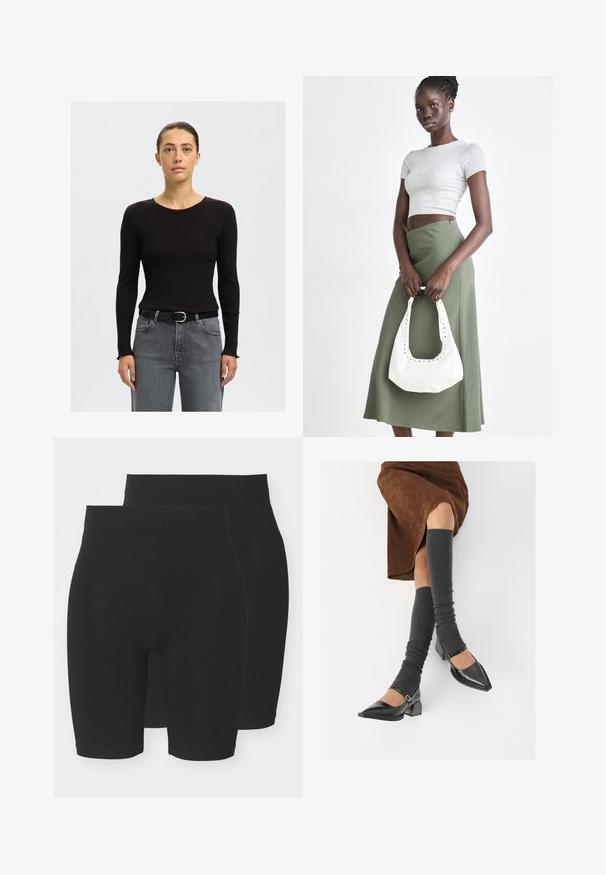 Črna dolg rokav s rebrastim vzorcem in okroglim izrezom, združena z visokim pasom sivi jeans hlačami in črnim pasom s srebrno sponko.; Črne raztegljive kratke hlače enostavnega dizajna, z srednje visokim pasom in gladko, mehko teksturo. Na voljo v paketu dveh.; Črne lakirane čevlje s pointy prsti in blok peto ter z naramnicami za gleženj, ki jih kombiniramo s sivimi rebrastimi nogavicami in rjavim suknjičem iz usnja.; Sivina rebrasta kratka majica in olivno zelena krila z visokim pasom. Model drži belo torbico za na rame s izrezljanjem. Preprost dizajn, oprijet silhueta.
