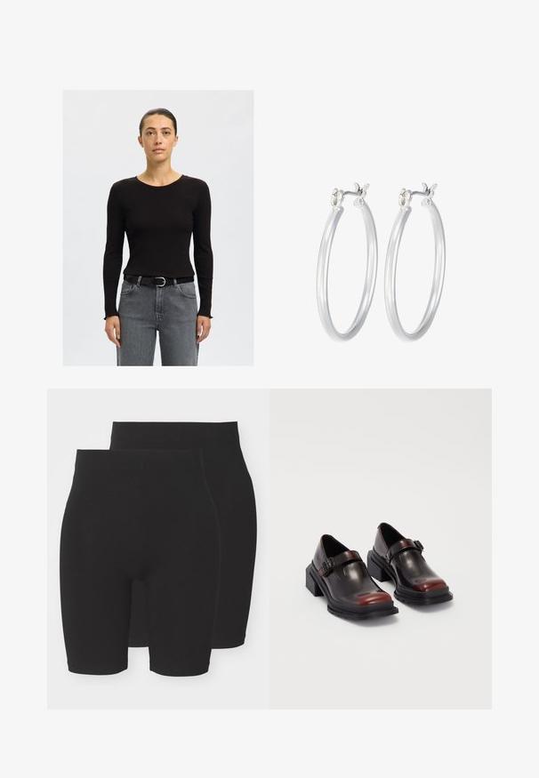 Musta ribbineuloksinen pitkähihaispaita pyöreällä kaula-aukolla, yhdistetty korkeavyötäröisiin harmaisiin farkkuihin ja mustaan vyöhön, jossa on hopeinen solki.; Mustat joustavat shortsit kiinteässä suunnittelussa, joissa on keskikorkea vyötärö ja sileä, pehmeä pinta. Saatavana kahden paketin erässä.; Nahkakengät, joissa on paksut kantapää ja kiiltävä tumman burgundin sävy, varustettu solkivyöllä ja pyöreällä kärjellä. Kuosisuojalla varustettu pohja, joka tarjoaa pitoa.; Hope-silver rengas, joissa on sileä ja kiillotettu pinta. Pyöreä muoto ja turvallinen napsautettava lukitus. Kevyt muotoilu sopii päivittäiseen käyttöön.