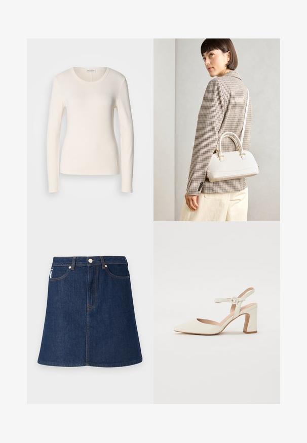 T-shirt de manga longa em algodão creme, com decote redondo, design ajustado e um pequeno detalhe de logótipo perto da bainha. Textura suave.; Saia de ganga azul escura com um corte em A evasé, apresentando um fecho éclair frontal, cinco bolsos e costuras laranja contrastantes.; Pump de bico fino, na cor creme, com um salto quadrado. Apresenta uma tira fina no tornozelo com uma fivela redonda e uma textura de couro suave.; Bolsa estruturada branca com alças curtas e uma alça de ombro, com detalhes em hardware dourado e material texturizado, exibida contra um fundo cinza.