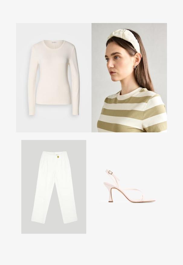 T-shirt z dolgimi rokavi iz kremastega bombaža, z okroglo ovratnico, prilegajočim se krojem in majhnim logotipom blizu roba. Gladka tekstura.; Bela široka hlače iz gladke tkanine. Imajo en rumen gumb za zapiranje in plisiran sprednji del. Nobenih vidnih žepov.; Roze sandale na visokom potpeticu sa trakama, tanke, sa kvadratnim prstom i suženom potpeticom. Imaju prilagodljivu traku oko gležnja i glatku teksturu.; Kremna ušesna traka s prepletenim dizajnom, uparjena s bež in belimi črtastimi majicami z okroglim izrezom. Diskretni nakit.
