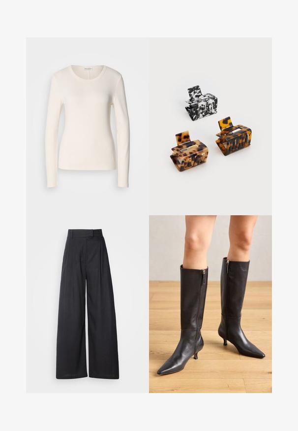 Langermet T-skjorte i kremfarget bomull, med rund hals, tettsittende design og en liten logodetalj nær kanten. Glatt tekstur.; Mørke, vide bukser med struktureret talje og læg. Fremstillet af letvægtsstof, der har en glat tekstur og ingen synlige mønstre.; Sorte skinnstøvler til kneet med spiss tå og slank hæl. Har glidelåser på siden for enkel påkledning. Glatt tekstur og strømlinjeformet design.; Tre hårnåler: en i svart og hvitt marmorert, to i skilpaddemønster i brune og svarte nyanser, alle laget av glansfull plast med en teksturert finish.