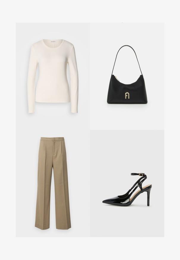 Long-sleeve T-shirt in cream cotton, featuring a round neckline, fitted design, and a small logo detail near the hem. Smooth texture.; Beige wide-leg trousers made from a textured fabric. Features front pleats and a flat waistband. No visible fasteners or pockets.; Black patent leather high-heeled slingback shoe with pointed toe, adjustable ankle strap, and open sides. Smooth texture.; Black handbag made of smooth material, featuring a curved shape, a single strap, and a gold-colored logo accent on the front.