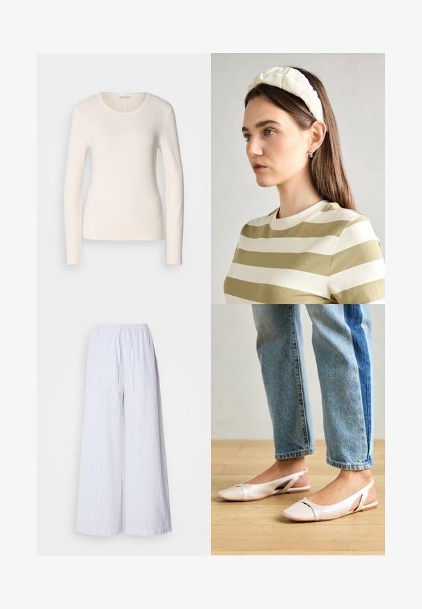 Majica dugih rukava od kremaste pamuka, s okruglim izrezom, prilagođenim dizajnom i malim logom blizu rubnog dijela. Glatka tekstura.; Bijele široke hlače s svijetloplavim trakama, sa elastičnom trakom za pojas s vezicom i teksturiranom tkaninom.; Svijetlo ružičaste slingback balerinke s šiljastim vrhom, izrađene od glatkog materijala nalik koži. Sadrže izrezane detalje sa strane i ravnu petu.; Kremasta podstavljena trakica za glavu s uvijenim dizajnom, uparen s bež i bijelom prugastom majicom s okruglim izrezom. Suptilni dodaci nakita.