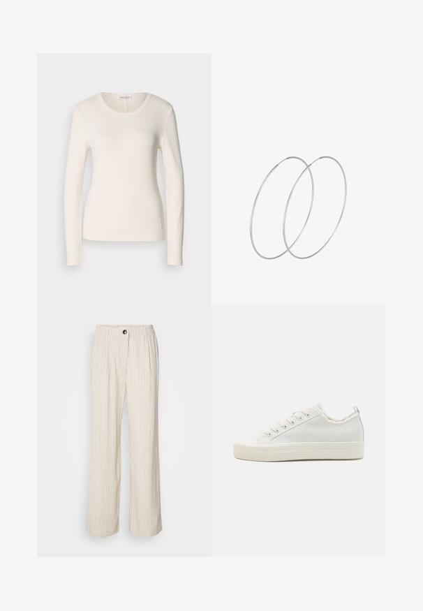 Long-sleeve T-shirt in cream cotton, featuring a round neckline, fitted design, and a small logo detail near the hem. Smooth texture.; Light beige wide-leg pants with vertical stripes, elastic waistband, and button closure. Made from textured fabric for a relaxed fit.; White canvas sneakers with a textured upper, round toe cap, flat sole, and lace-up front. Features a slightly frayed collar and pull tab.; Silver hoop earrings with a minimalist design. Circular shape, smooth texture, and thin profile. Lightweight with a polished finish.