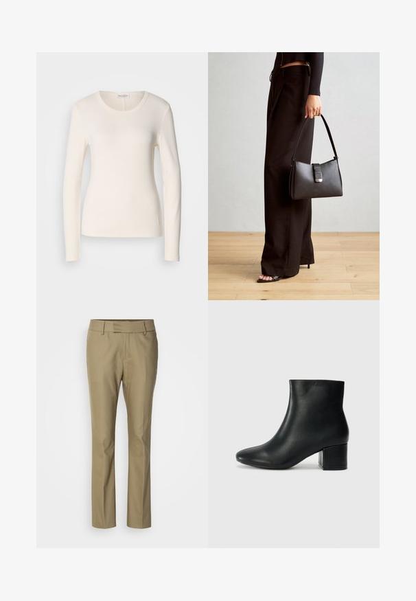 T-shirt de manga longa em algodão creme, com decote redondo, design ajustado e um pequeno detalhe de logótipo perto da bainha. Textura suave.; Calças ajustadas bege com um design de perna reta, feitas de um tecido suave. Apresentam passantes para cinto e bolsos laterais para maior utilidade.; Botas de tornozelo em pele preta com bico pontiagudo e um salto robusto. Textura suave com acentos mínimos e um design ajustado e elegante.; Bolsa preta com forma estruturada, textura suave e um fecho metálico. Combinada com calças largas pretas e sandálias de salto aberto sobre um chão de madeira.