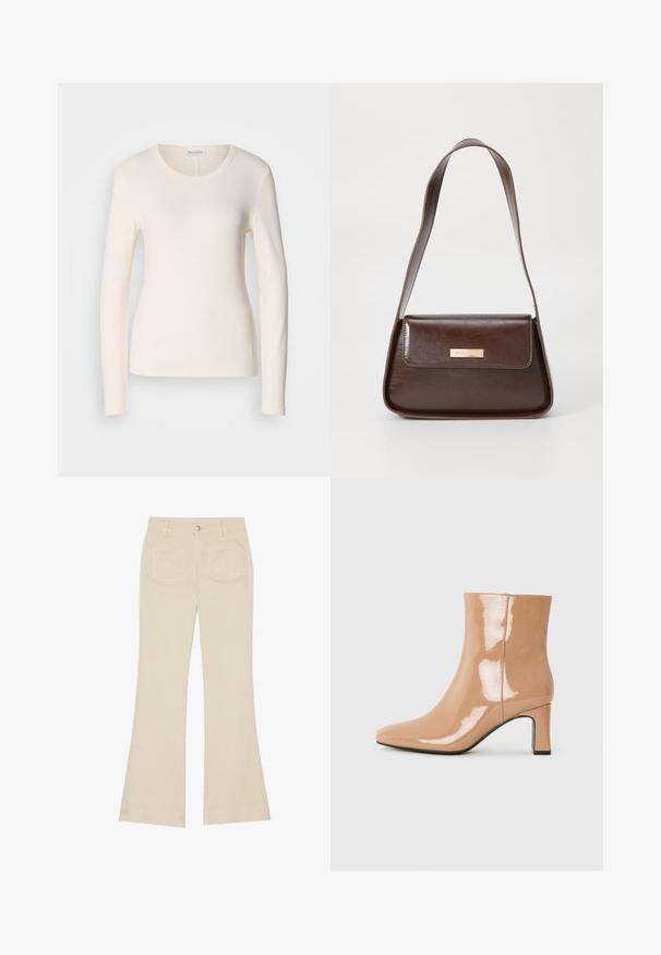 Majica dugih rukava od kremaste pamuka, s okruglim izrezom, prilagođenim dizajnom i malim logom blizu rubnog dijela. Glatka tekstura.; Bež široke hlače s visokim strukom, izrađene od pamučne tkanine. Imaju prednje i stražnje džepove, petlje za remen i jedan srebrni gumb.; Nude patent čizme do gležnjeva s oblikom ušiljenog vrha, sjajnom završnom obradom i blok potpeticom srednje visine. Glatka tekstura i elegantan siluet.; Smeđa kožna torba za rame sa strukturiranim oblikom, koja ima magnetsko zatvaranje na preklopu i metalni logo akcent na prednjoj strani.