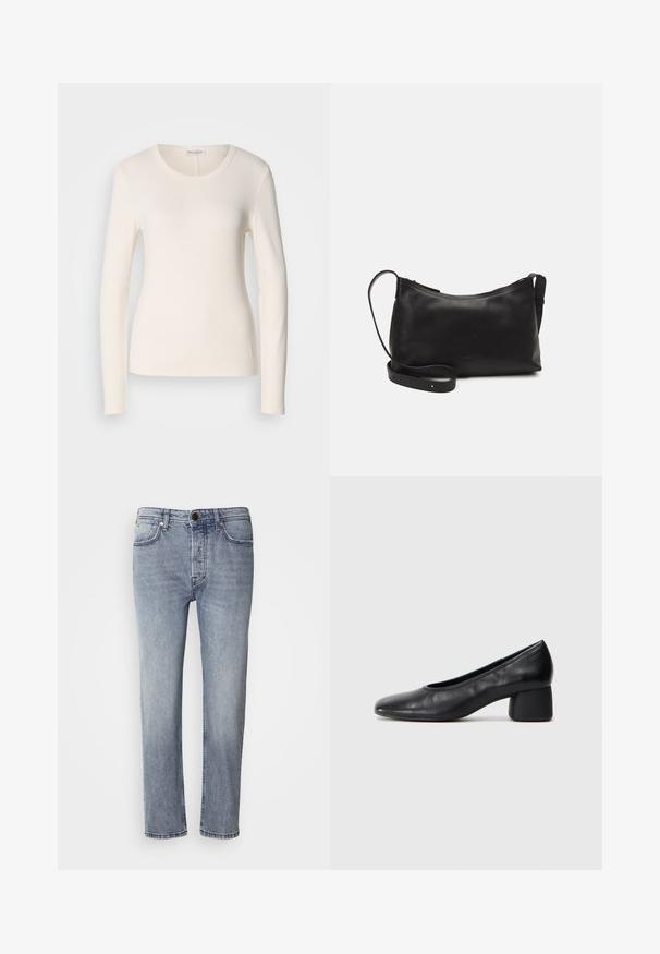 Tricou cu mânecă lungă din bumbac crem, cu decolteu rotund, design ajustat și un mic detaliu cu logo aproape de tiv. Textură netedă.; Jeans din denim albastru deschis cu o croială relaxată, picioare drepte și decolorare subtilă. Au un sistem de închidere cu nasture în față și cinci buzunare pentru utilitate.; Pantofii din piele neagră au un vârf rotund și un toc de tip bloc de înălțime medie. Au o textură netedă, cu detalii minime, având o deschidere elastică subtilă.; Geantă de umăr din piele neagră, cu o textură netedă, formă curbată, curea ajustabilă și închidere cu fermoar. Design minimalist, fără embellishments.